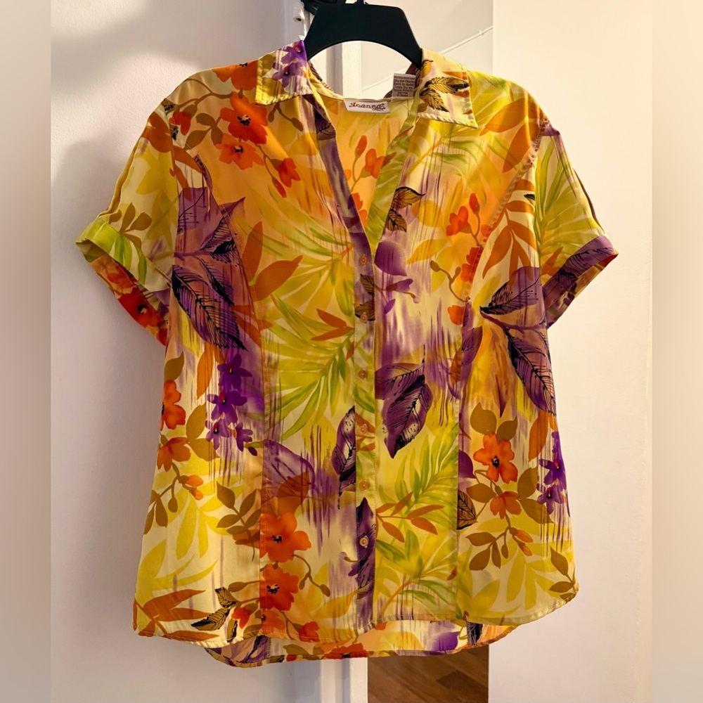 Vintage Joanna Plus Tropical Floral Blouse 1X Y2K Hawaiian Button Up